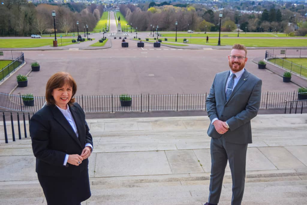 Minister for the Economy Diane Dodds and Business Development Director of PAC Group Darren Leslie outside Stormont. PAC are celebrating winning a Queen’s Award for Enterprise for Innovation and becoming accredited as a Platinum Level Innovator with InnovateNI. Photo by Francine Montgomery / Excalibur Press