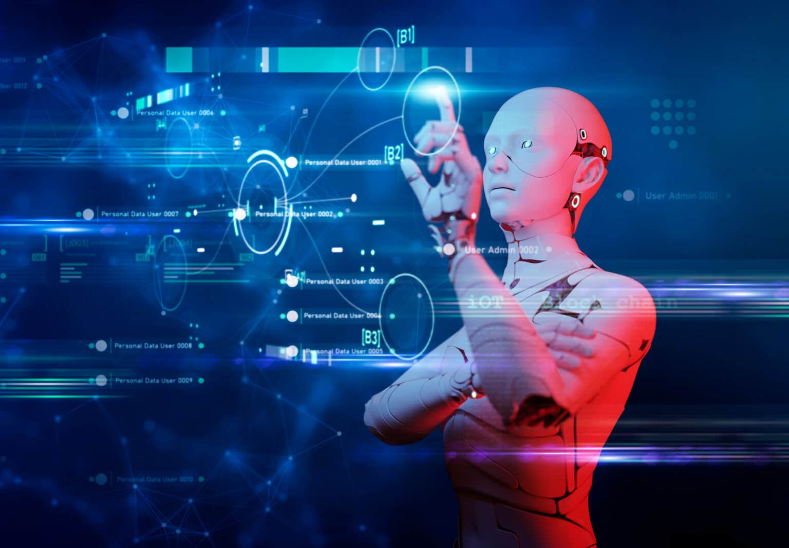 Cyber digital world android robot pointing finger computer coding AI chatbot background futuristic future digital technology artificial intelligence automated. Computer programming knowledge concept