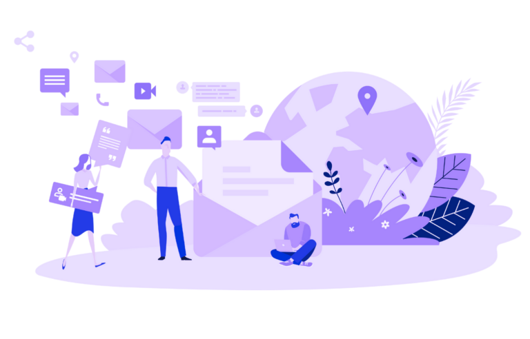 purple graphic illustration depicting someone developing their email marketing campaign